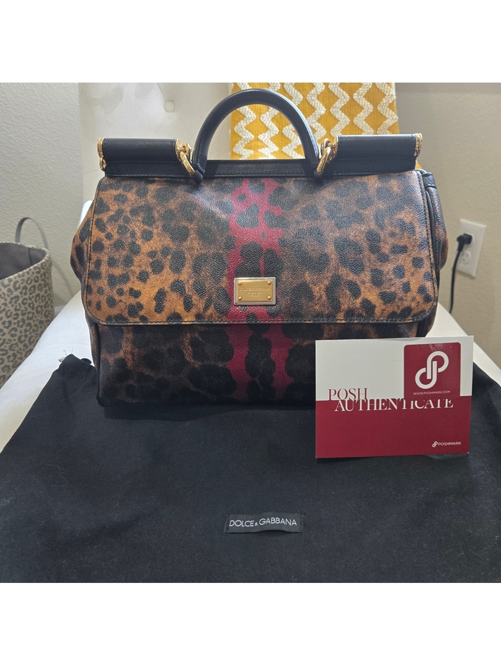 Authentic Dolce & Gabbana Leopard Print Sicily Satchel - Black, Brown, and Red